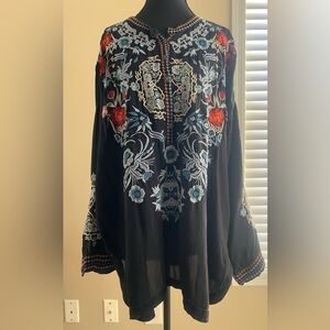 Johnny Was Black Top with Red and Blue Embroidery